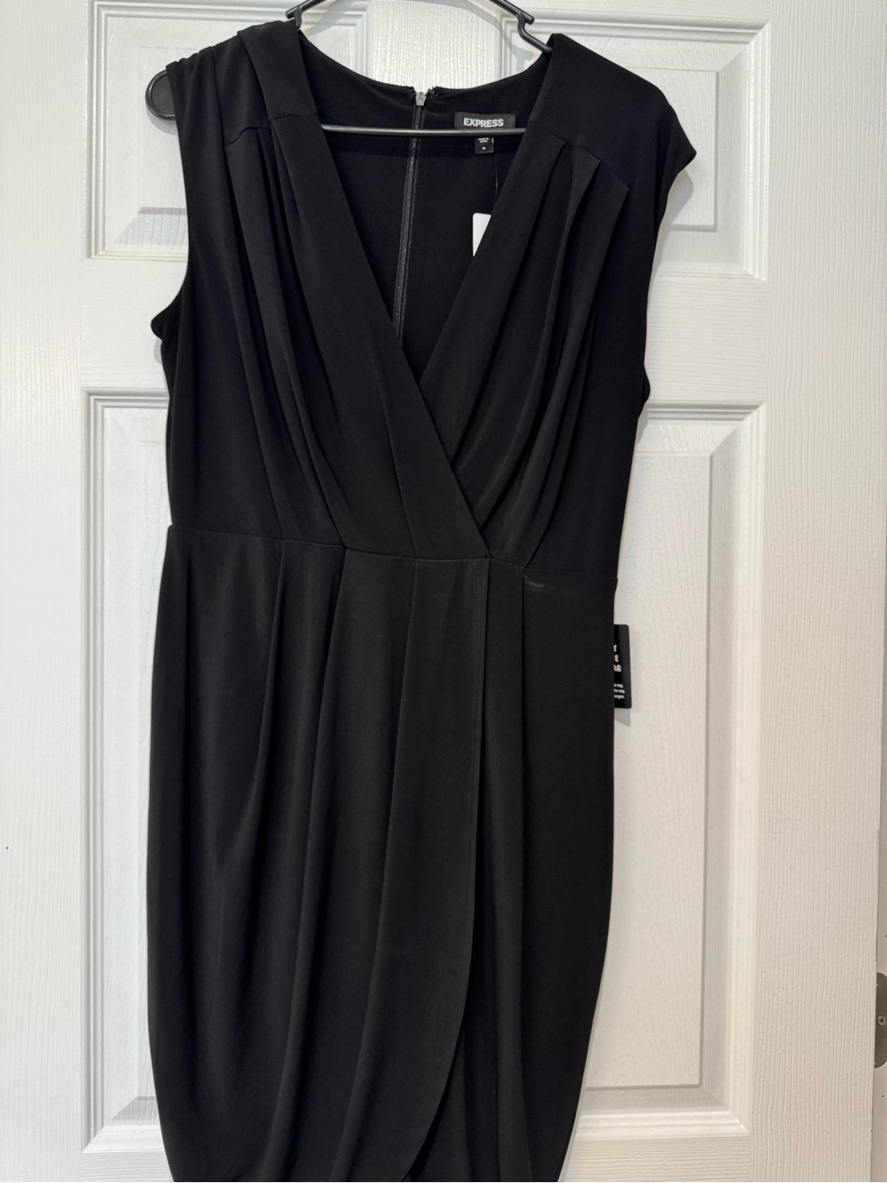 Express Black Sleeveless Faux-Wrap Midi Dress with Pleated Bodice